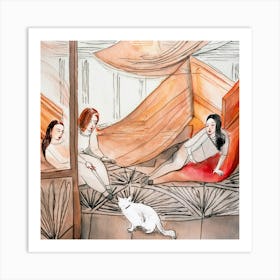 Three Women And A Cat Art Print