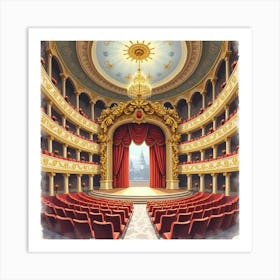 French Opera House Interior In Watercolor With Opulent Decor And Grand Chandeliers 1 Art Print