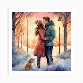 Kissing Couple In The Snow Art Print