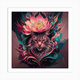 Cat With Lotus Flower Art Print