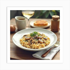 Watercolor Depiction Of A Rich And Creamy Mushroom Risotto On A Cozy Dining Table Art Print