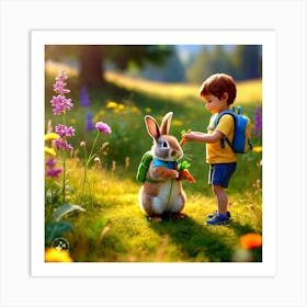 little boy and the rabbit Art Print