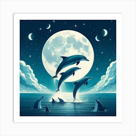 Dolphins Jumping At The Moon Art Print