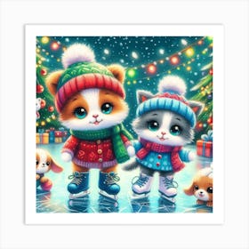 Christmas Kittens On Ice 1 Art Print