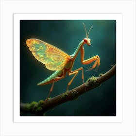 A Whimsical Mantis With Wings Of Shifting, Fractal Patterns Perched On A Glowing Branch Art Print