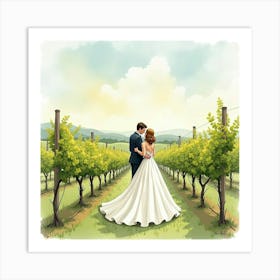 Elegant Couple In Watercolor Fashion, Tranquil Vineyard 1 Art Print