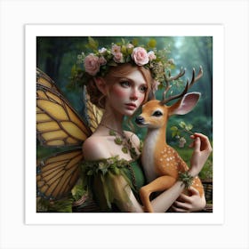 Fairy And Deer Art Print