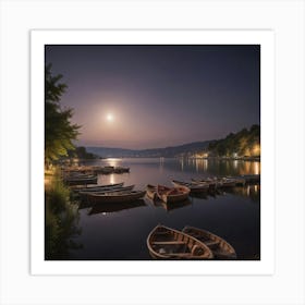 Moonlight Over Lake At Night Art Print