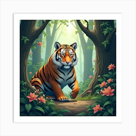 Tiger In A Forest With Orchids 1 Art Print