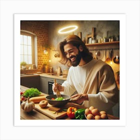 Jesus cooking a meal in a cozy modern kitchen 6 Art Print