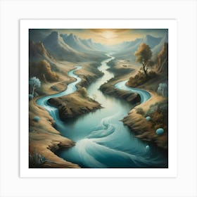 A surrealistic painting of a river, with dreamlike imagery and unexpected elements, inviting the viewer to explore their imagination. 2 Art Print