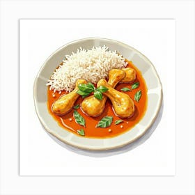 A Vibrant Watercolor Painting Of A Classic Chicken Curry With Jasmine Rice Art Print