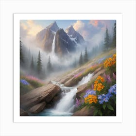 Waterfall In The Mountains paintings art print Art Print