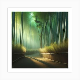 A peaceful and serene bamboo forest bathed in soft sunlight.3 Art Print