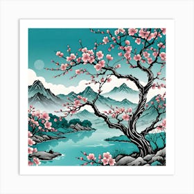 Chinese Landscape With Cherry Blossom Tree, Pink, Turquoise And Black Art Print