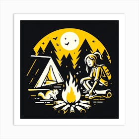 Girl Camping At Night Art Print