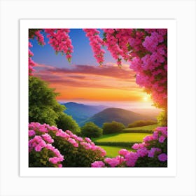 Pink Flowers Sunset Read Shade Flowers Blue Sky Beautiful Location Sunset View Wall 2 Art Print