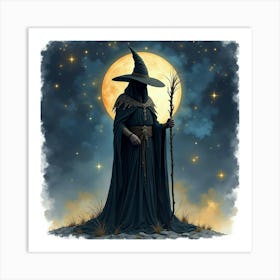 Black Magic Mage With A Watercolor Celestial Background 1 Art Print