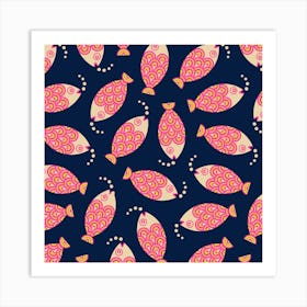 SWIMMING FISH Retro Geometric Undersea Ocean Sea Life in Hot Pink Sand Midnight Blue Art Print