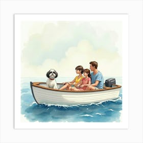 A Shih Tzu And A Family On A Relaxing Boat Ride, Watercolor 1 Art Print