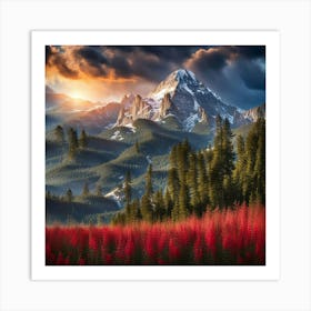 Red Flowers In The Mountains Art Print