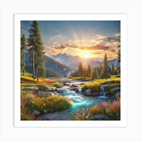 Mountain Stream At Sunset Art Print