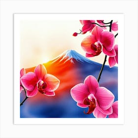 Pink Orchids With Mt Fuji Art Print