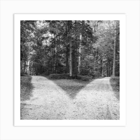 Forked roads in old green forest Art Print