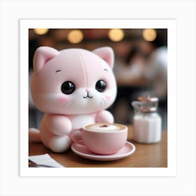 Pink Cat With Cup Of Coffee Art Print