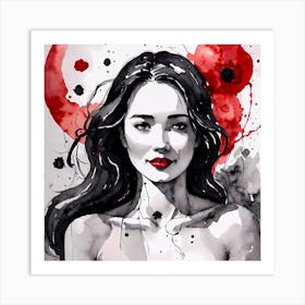 Girl With Red Lipstick, Selective Color Painting In Black, White and Red Art Print