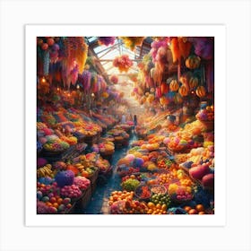 A vibrant and bustling market filled with colorful fruits and flowers.1 Art Print