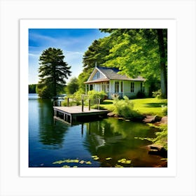 Summer House Lake Water Trees Nature Landscape Scenery Vacation Relaxation Tranquil Seren (3) Art Print