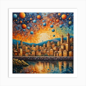 Sunset In The City. Orbital Dreamscape: A Mosaic Town’s Twilight Reflection wall fine art Art Print