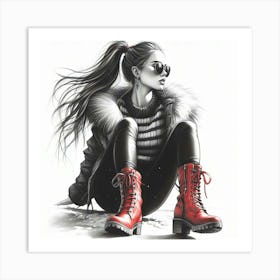 Girl In Red Boots Art Print