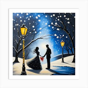 Snowy Evening Romance Wall Decor Couples Silhouette Art Print Art Print