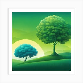 Two Trees On A Green Hill Art Print