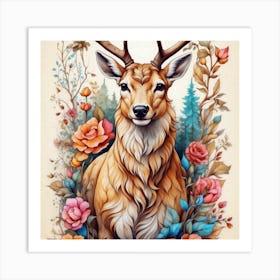 Deer With Roses Art Print