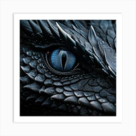 Closeup Macro Shot Of A Black Dragon One Light Grey Blue Eye Glaring High Contrast Black And White Art Print