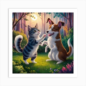 Cat And Dog Playing In The Woods Art Print