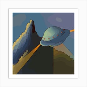 Ufo Flying Mountains Fantasy Nature Aliens Landscape Mysterious Space Galaxy Art Print