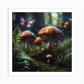 Fairy Toadstools, Ferns and Winged Insects Art Print