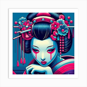 Crying Geisha In Blue And Pink Color Illustration Art Print