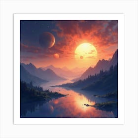 Watercolor Distant Planets Reflecting The Light Of Multiple Glowing Suns 1 Art Print