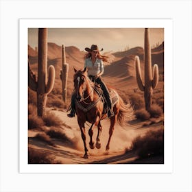 Cowgirl Riding Horse In Desert 1 Art Print