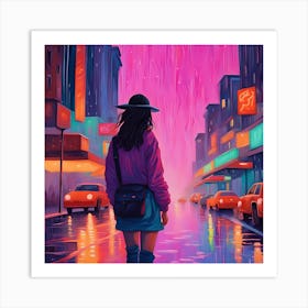 Neon Girl Walking In The Rain Art Print