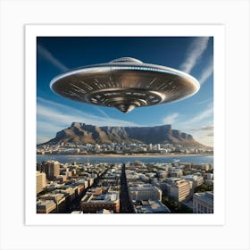 A Breathtakingly Detailed Illustration Of A Colossal Spaceship Near Table Mountain Art Print