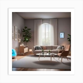 Living Room With A Blue Robot Art Print