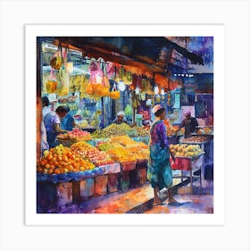 Fruit Market, Impressionist Painting, Watercolor, Brown Color Art Print