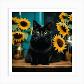 van gogh Black Cat With Sunflowers Art Print