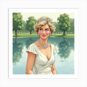 Elegant Watercolor Depiction Of Princess Diana Near A Serene Pond 1 Art Print